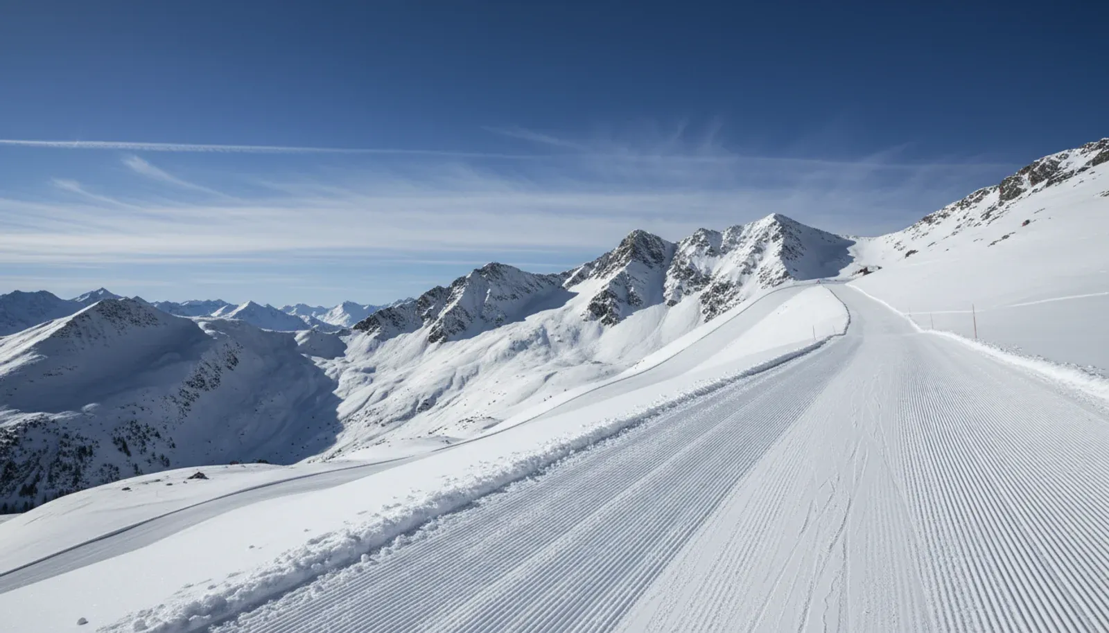 High alpine groomed piste and mountain ridge, temporary Bellevarde sector illustration
