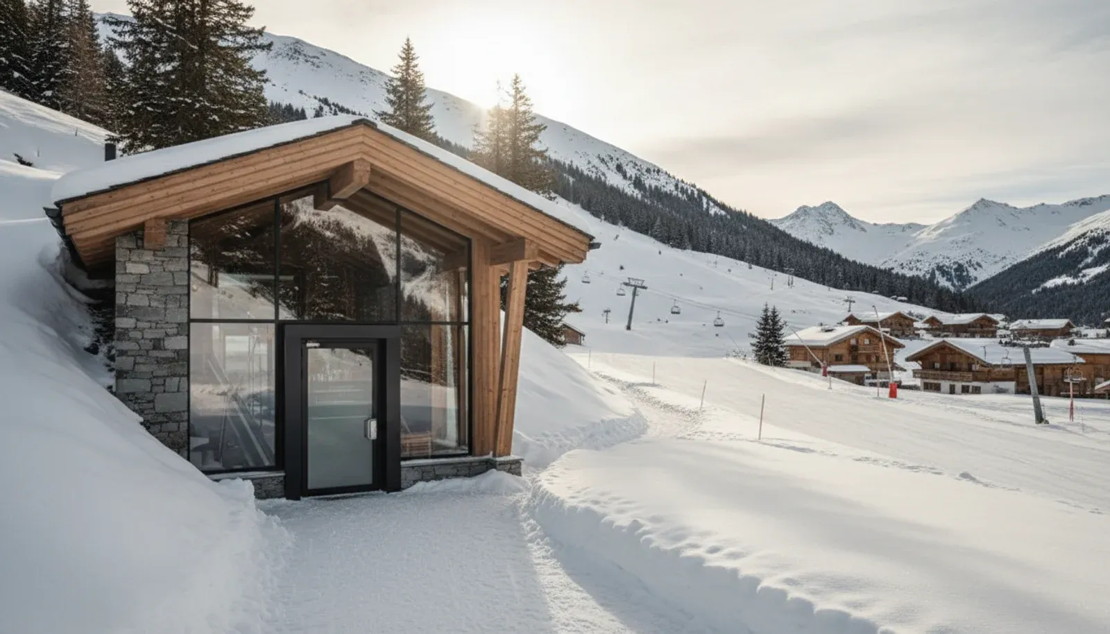 Discreet alpine lift access building in winter, temporary Funival La Daille illustration