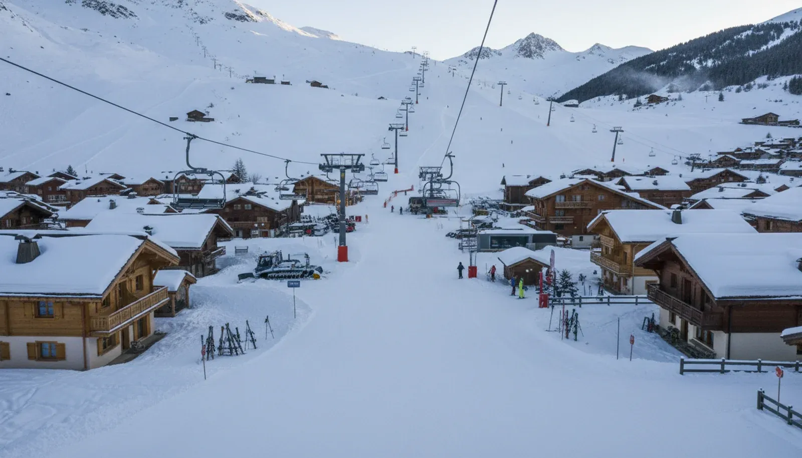 Snowy alpine village at the foot of ski lifts, temporary La Daille illustration
