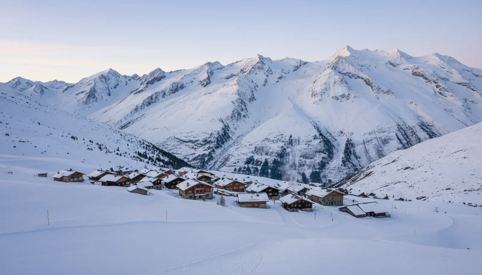 Quiet snowy alpine hamlet and high mountain valley, temporary Le Fornet illustration