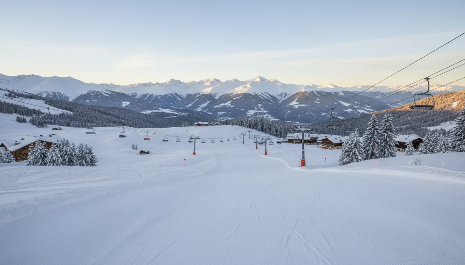 Wide groomed ski terrain with chairlifts and alpine peaks, temporary Solaise sector illustration